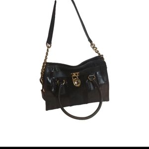 Michael Kors  Mixed Media Haircalf Black Leather Shoulder Bag with Gold Details
